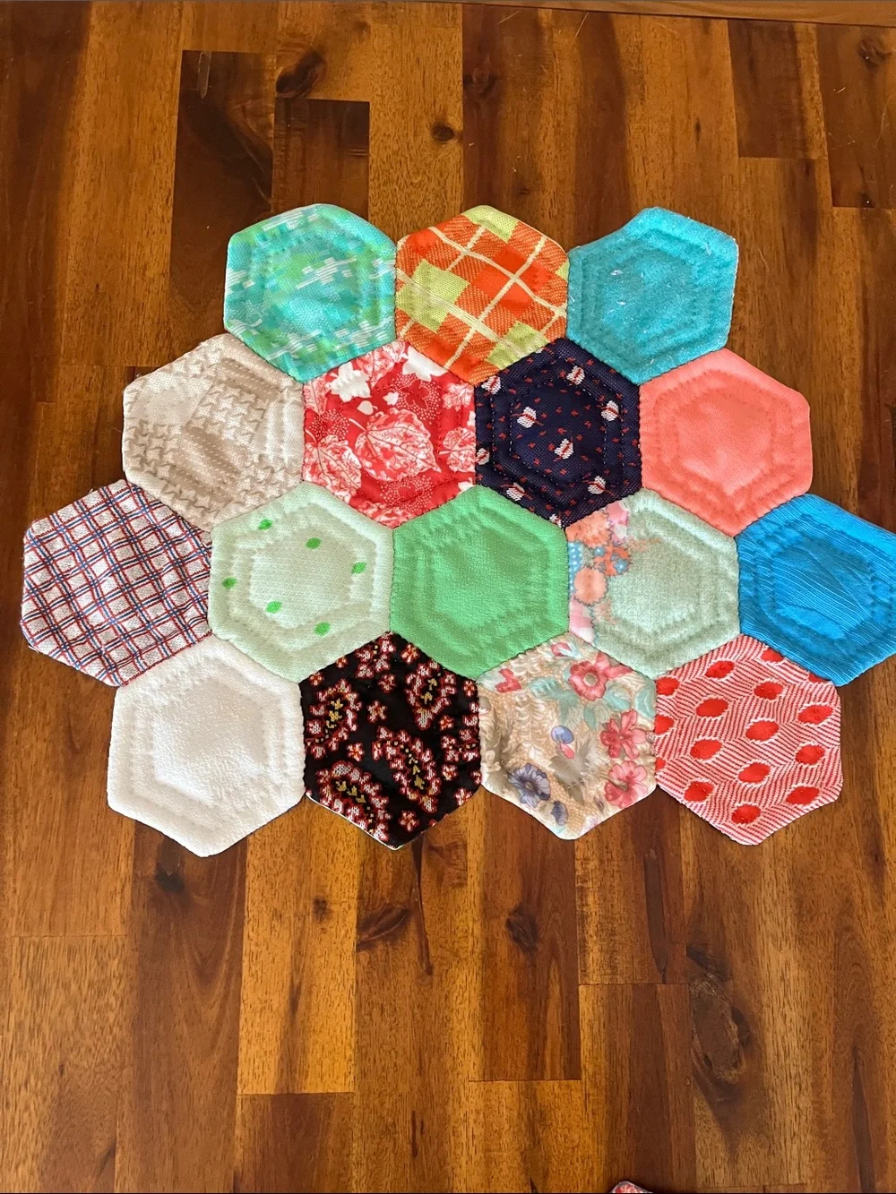 2 Vtg Geometric Handmade Placemats From Old 70s Fabric Pieces MCM Retro